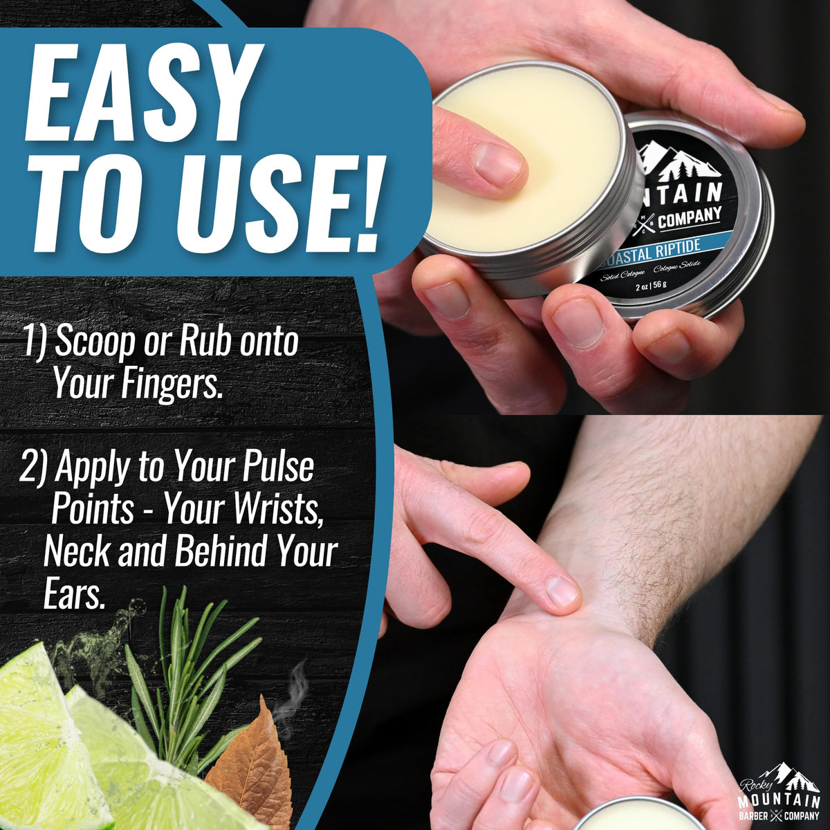 Rocky Mountain Solid Cologne Coastal Riptide application on pulse points for lasting aroma.