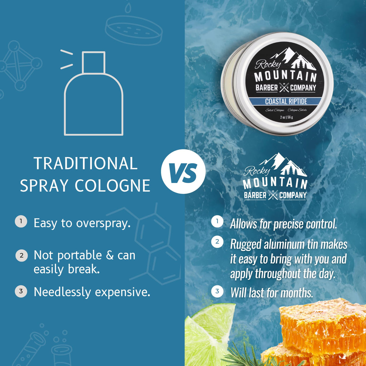 Rocky Mountain Solid Cologne Coastal Riptide packaging shows travel-friendly design.