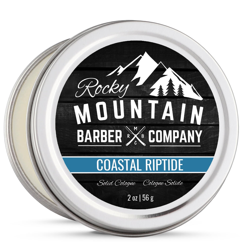 Rocky Mountain Solid Cologne Coastal Riptide tin close-up for portable fragrance.