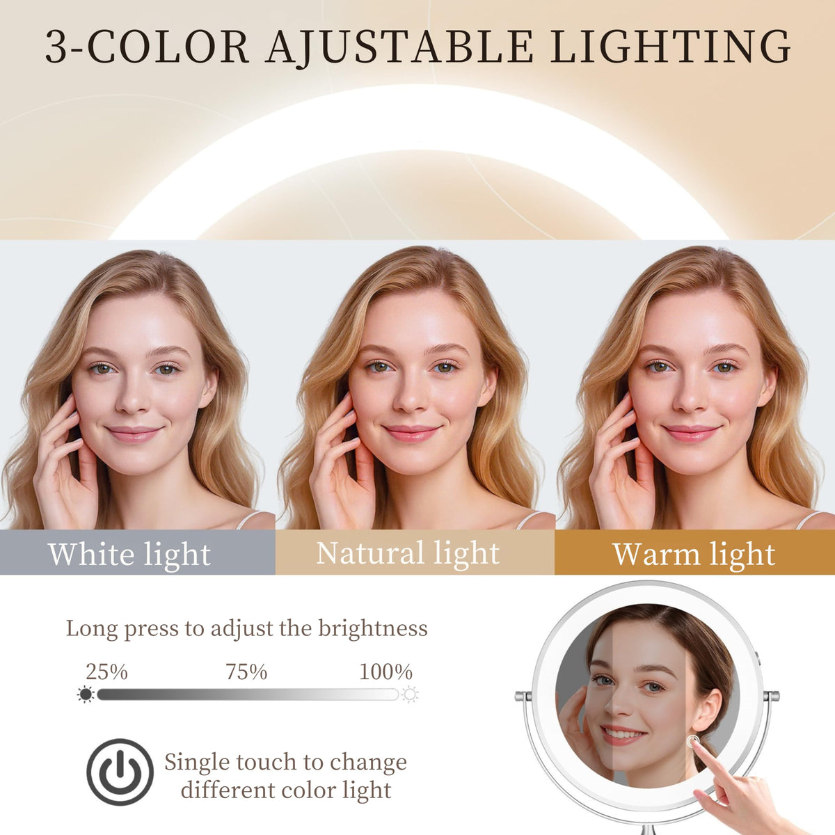 Rocollos mirror with stepless dimming and touch control for precise brightness.