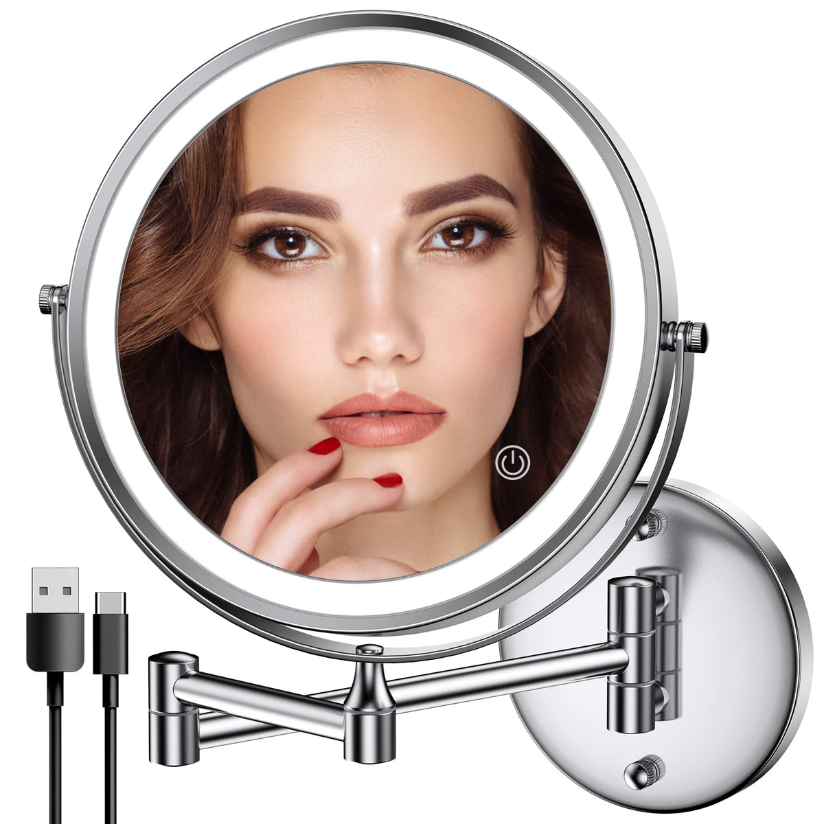 Rocollos rechargeable wall-mounted makeup mirror, 8-inch front view for everyday makeup tasks.