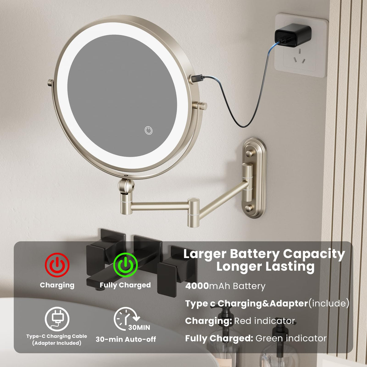 Rocollos triple-color dimmable LEDs adapt to day and night makeup routines.