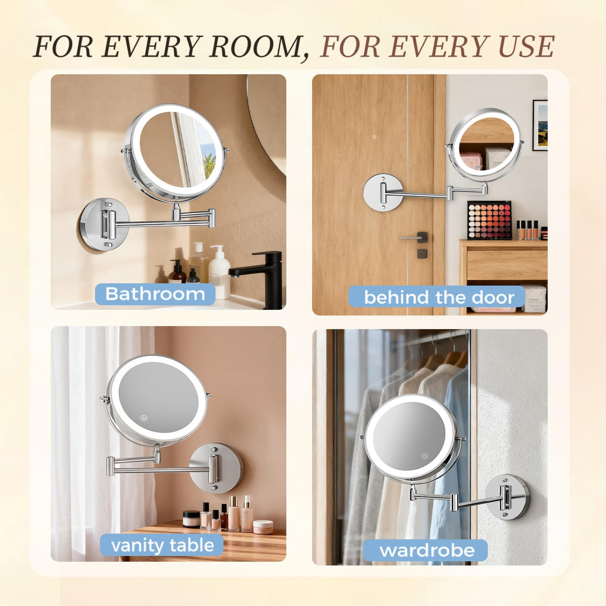Rechargeable Rocollos mirror with USB-C cable for cord-free use.