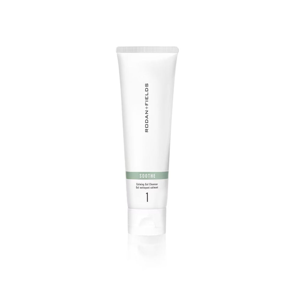 Rodan and Fields Soothe Calming Gel Cleanser bottle shows a gentle, hydrating formula for sensitive skin.