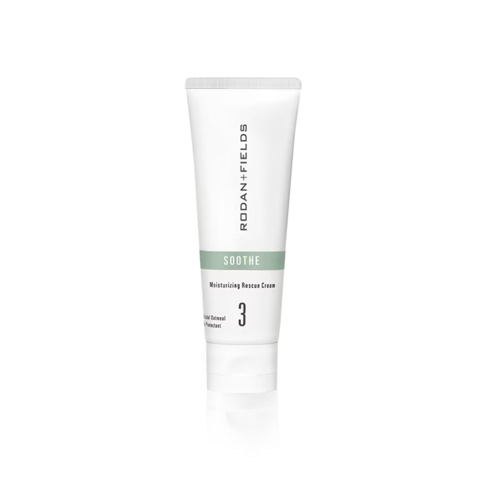 Rodan + Fields Soothe Rescue Cream jar provides daily hydration for sensitive skin.