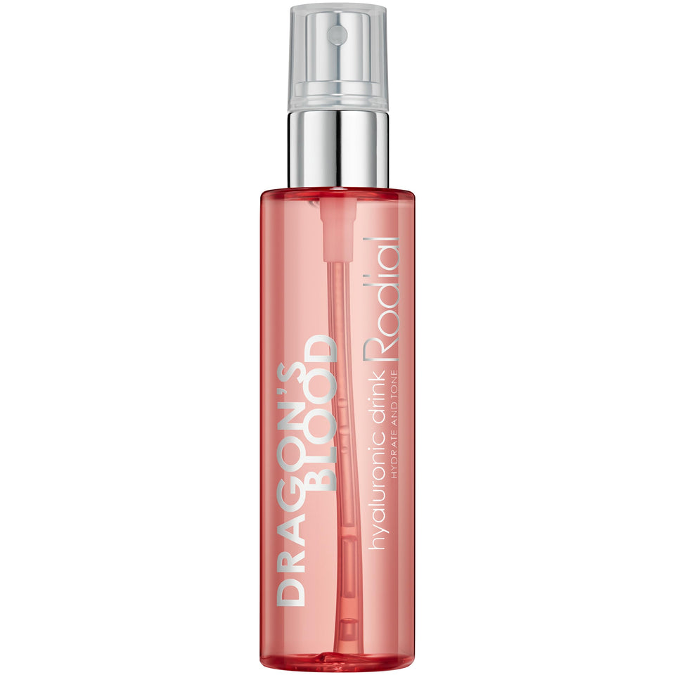 Rodial Dragon's Blood Hyaluronic Drink bottle demonstrates hydration-boosting skincare.