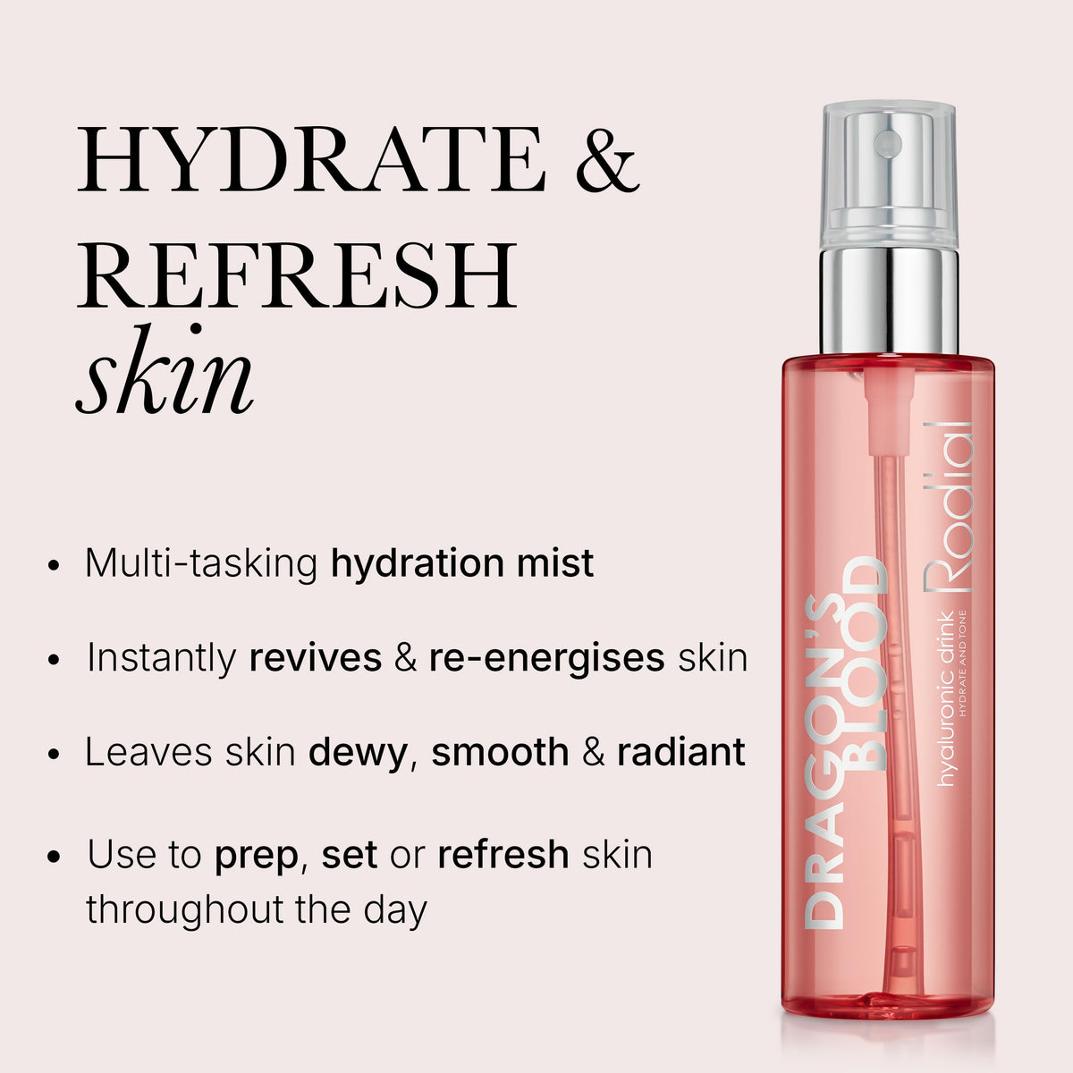 Rodial Dragon's Blood Hyaluronic Drink mist ready for dewy makeup prep.