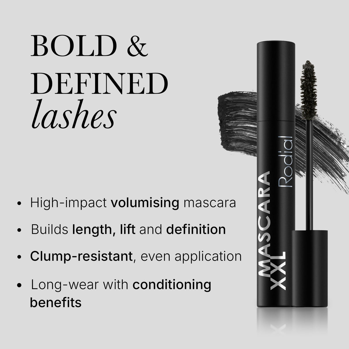 Rodial Mascara XXL brush closeup emphasizes precise application for defined, separated lashes.