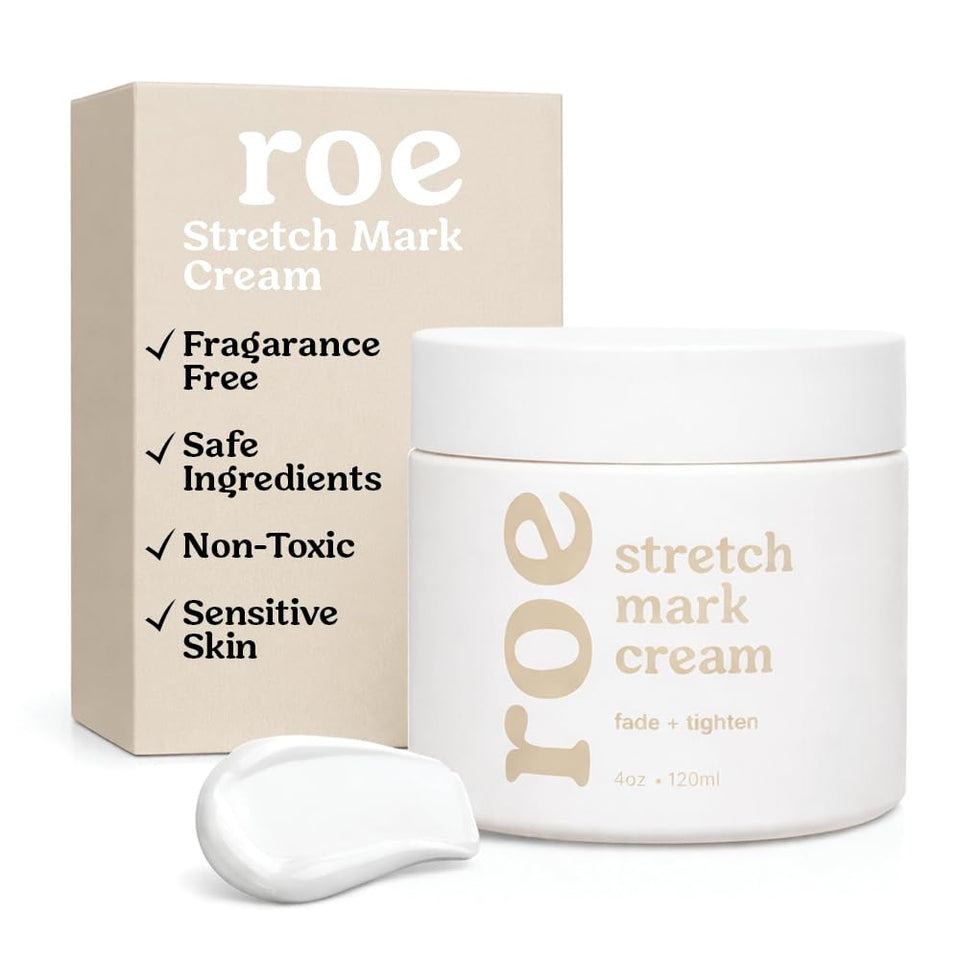 Roe Wellness stretch mark cream on a pregnant belly, promoting hydration