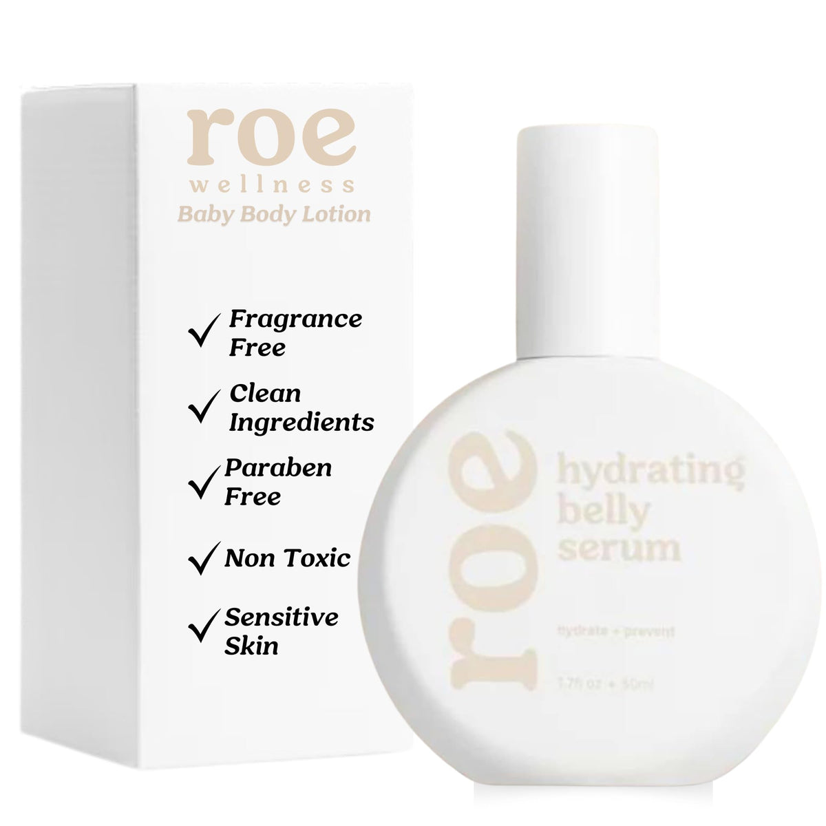 Roe Wellness Stretch Mark Belly Serum bottle for daily belly care and hydration.