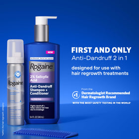 Rogaine 2-in-1 bottle being poured to illustrate cleansing and conditioning