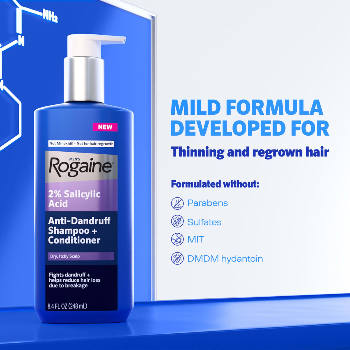 Rogaine 2-in-1 lather action shown on hair during shower