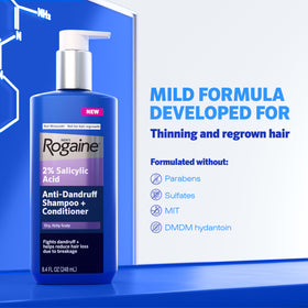 Rogaine 2-in-1 lather action shown on hair during shower