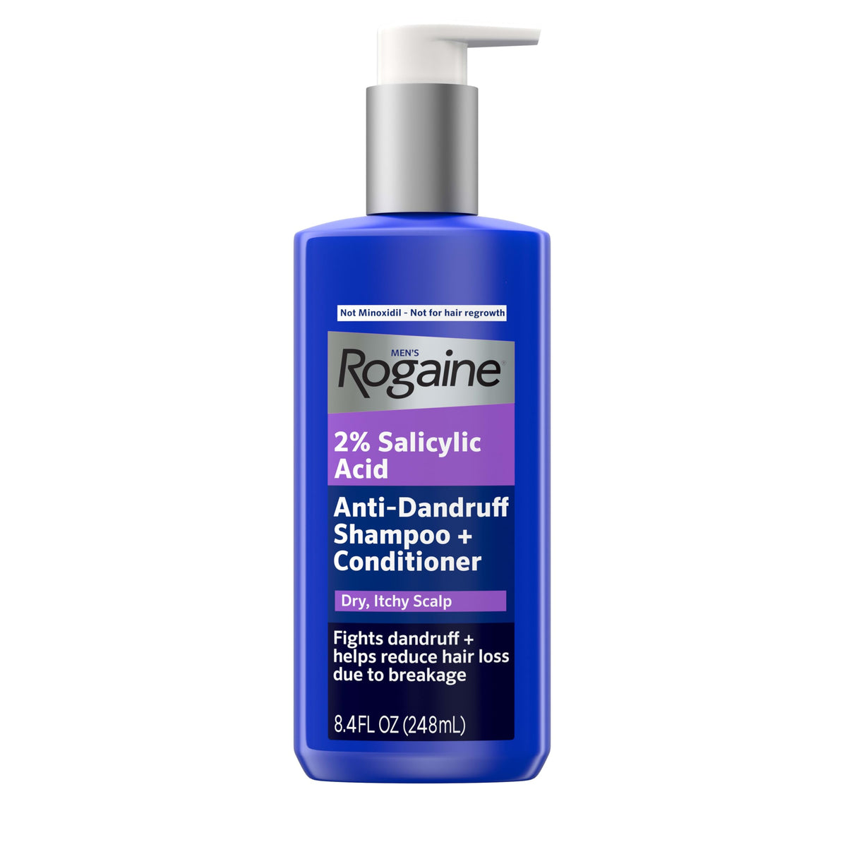 Rogaine Men's Anti-Dandruff 2-in-1 shampoo bottle front, showcasing scalp care benefits