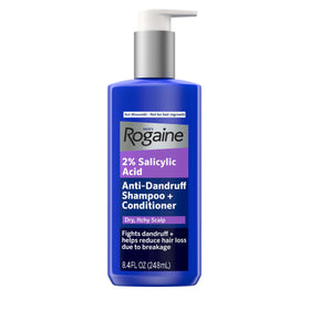 Rogaine Men's Anti-Dandruff 2-in-1 shampoo bottle front, showcasing scalp care benefits