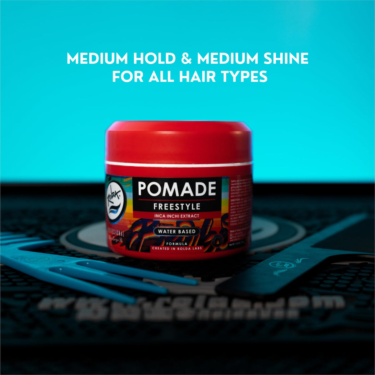 Rolda Freestyle pomade infused with Inca Inchi extract for silkiness