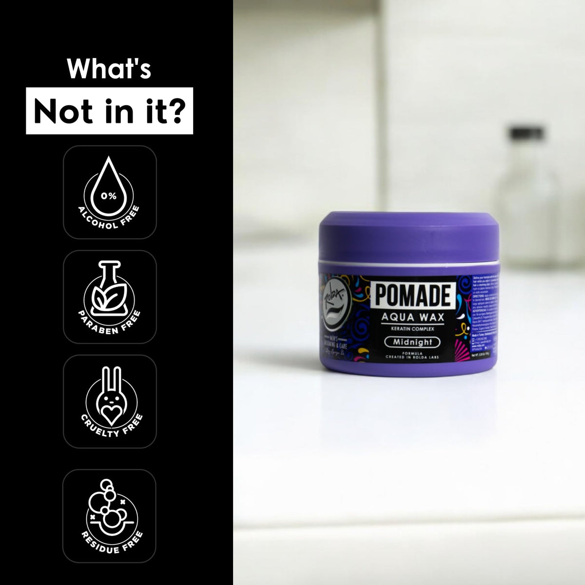 Rolda Midnight Pomade container with branding and accessible wash-out