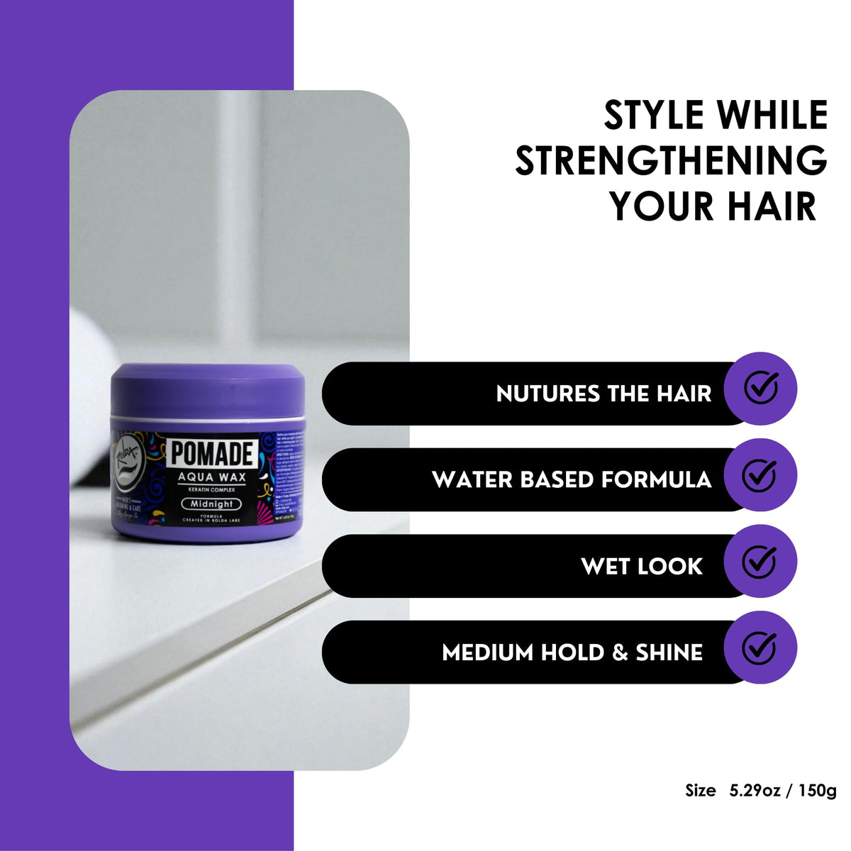 Rolda Midnight Pomade on a barber shop shelf signaling professional quality