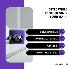 Rolda Midnight Pomade on a barber shop shelf signaling professional quality