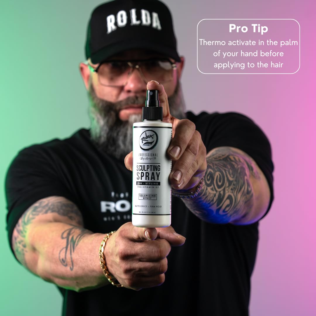 Rolda Pre-Styling Sculpting Hair Spray on vanity for ready styling.