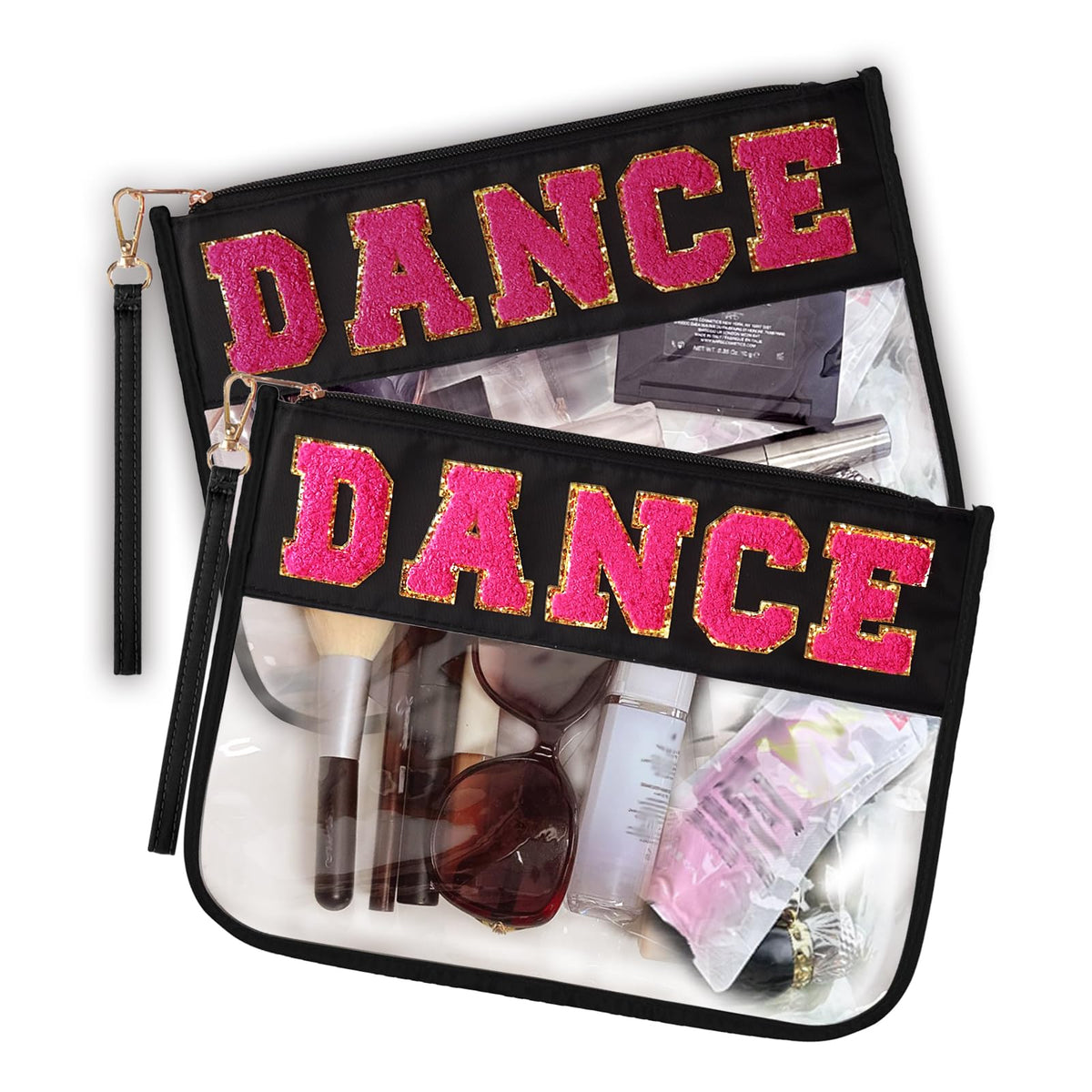 RolenBox dance makeup bag with chenille letters, durable and water-resistant for travel and performances.