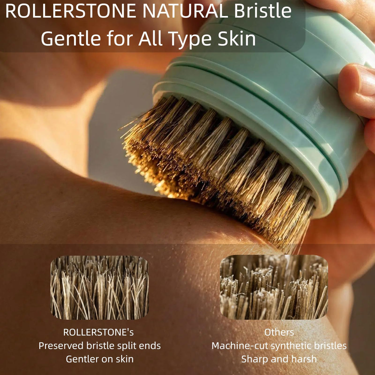 ROLLERSTONE soft boar head gentle exfoliation for sensitive skin and comfort