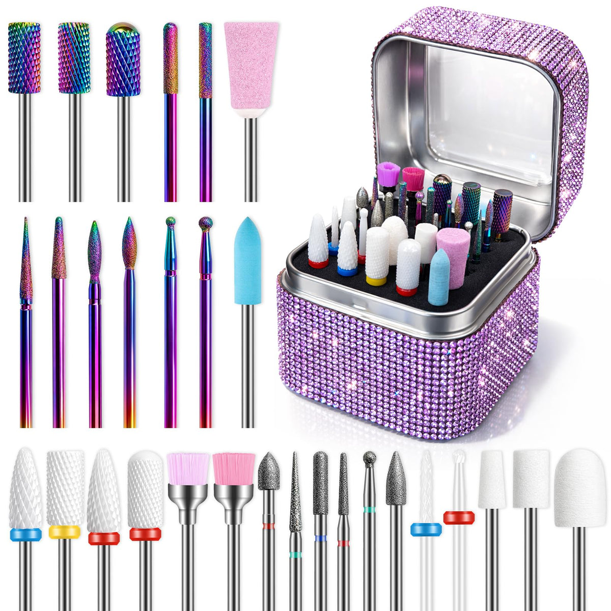 Rolokit nail drill bits set in open holder case for easy selection
