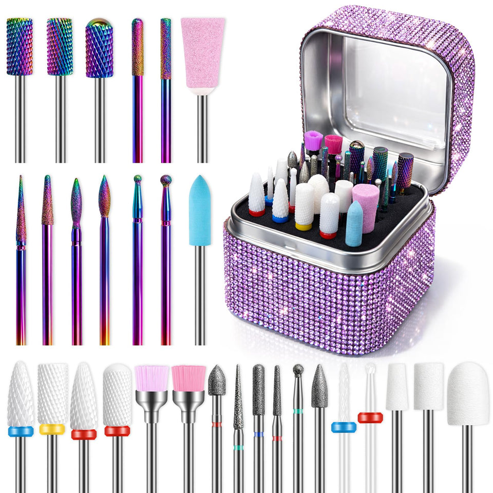 Rolokit nail drill bits set in open holder case for easy selection