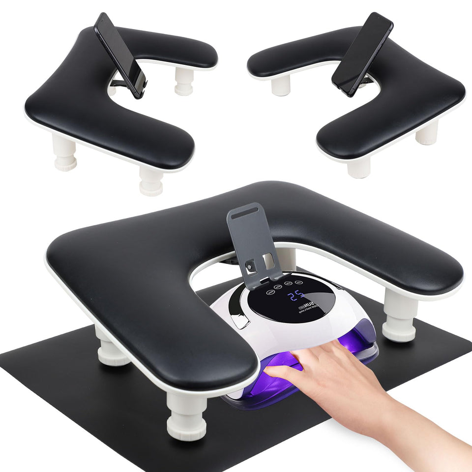 Rolomanve arm rest for nails tech with phone holder and table mat offers client comfort.