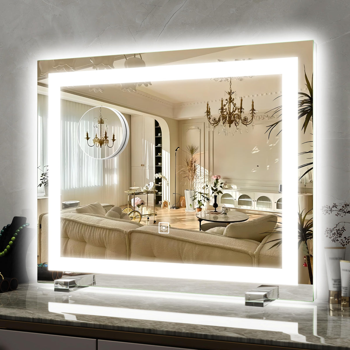 ROLOVE 22x20 inch mirror with edge-to-edge lighting for true makeup color.