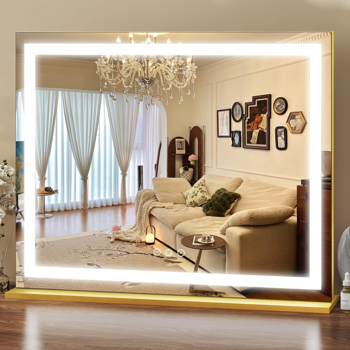 ROLOVE gold vanity mirror 23x18 front view with expansive makeup surface