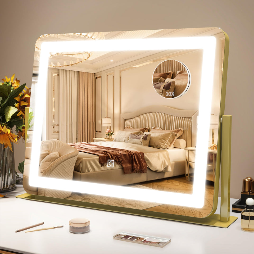 ROLOVE gold vanity mirror with lights 22x17 inches on desk for full-face view