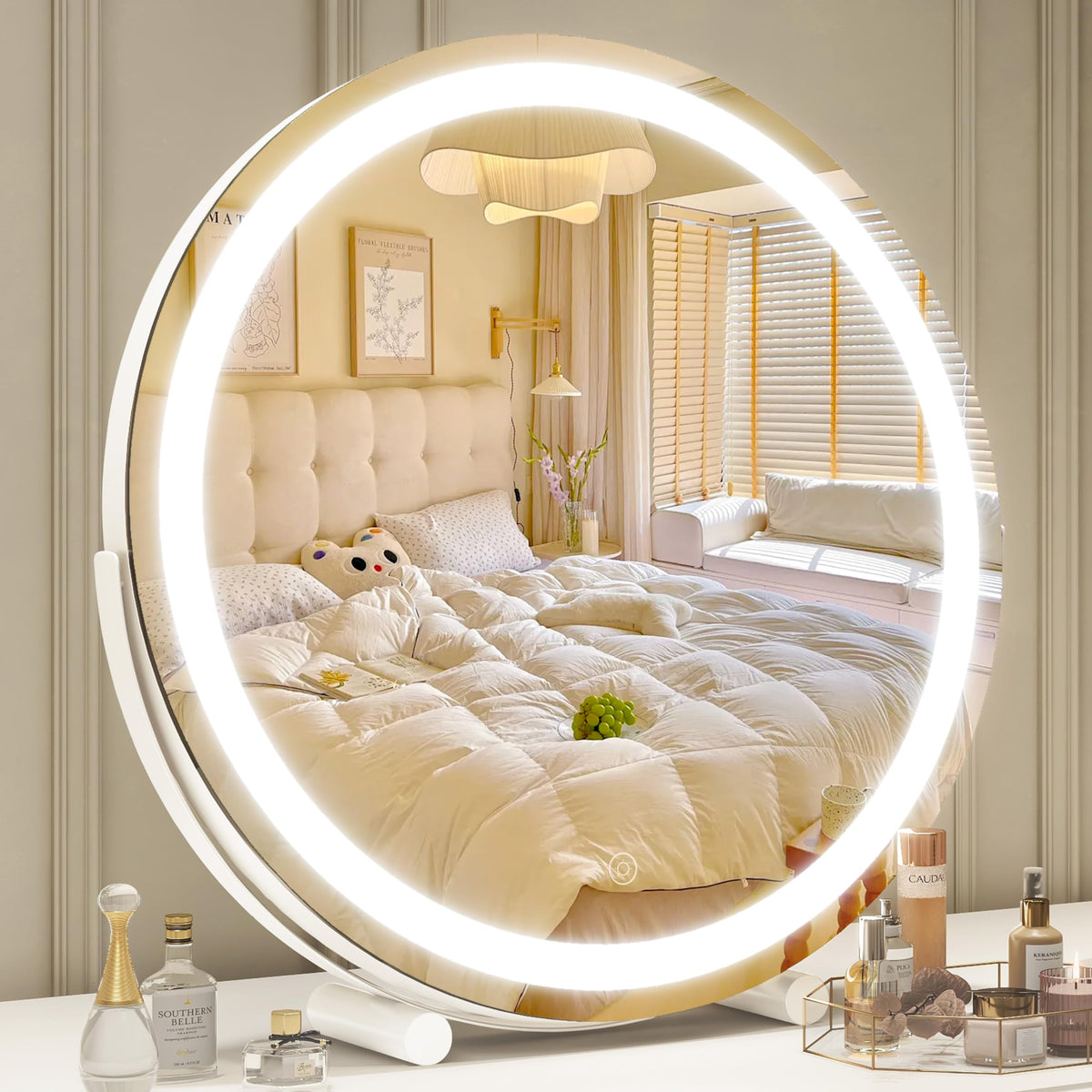 ROLOVE makeup mirror with lights shows the 18-inch surface for full-face viewing and balance