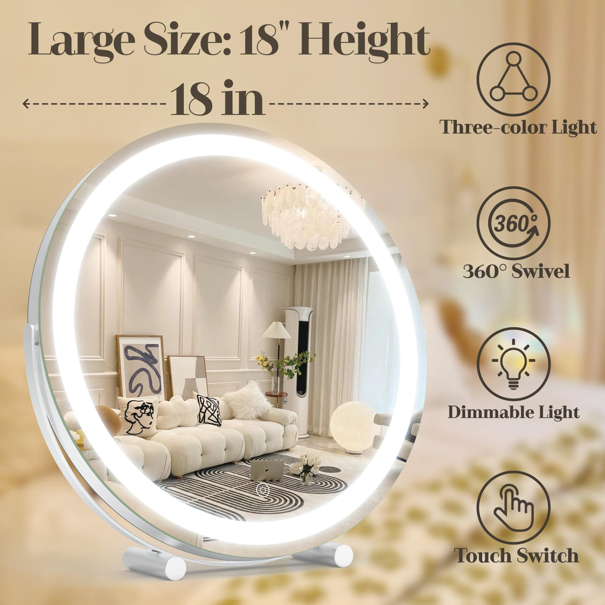 ROLOVE sturdy base keeps the mirror stable on a desk or vanity surface