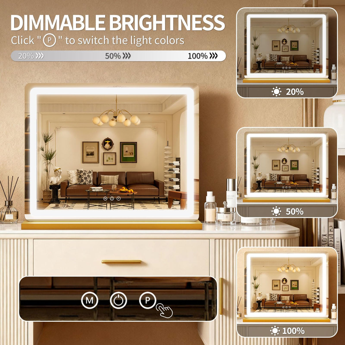 ROLOVE touch-control vanity mirror offering easy brightness and temperature tweaks at a tap