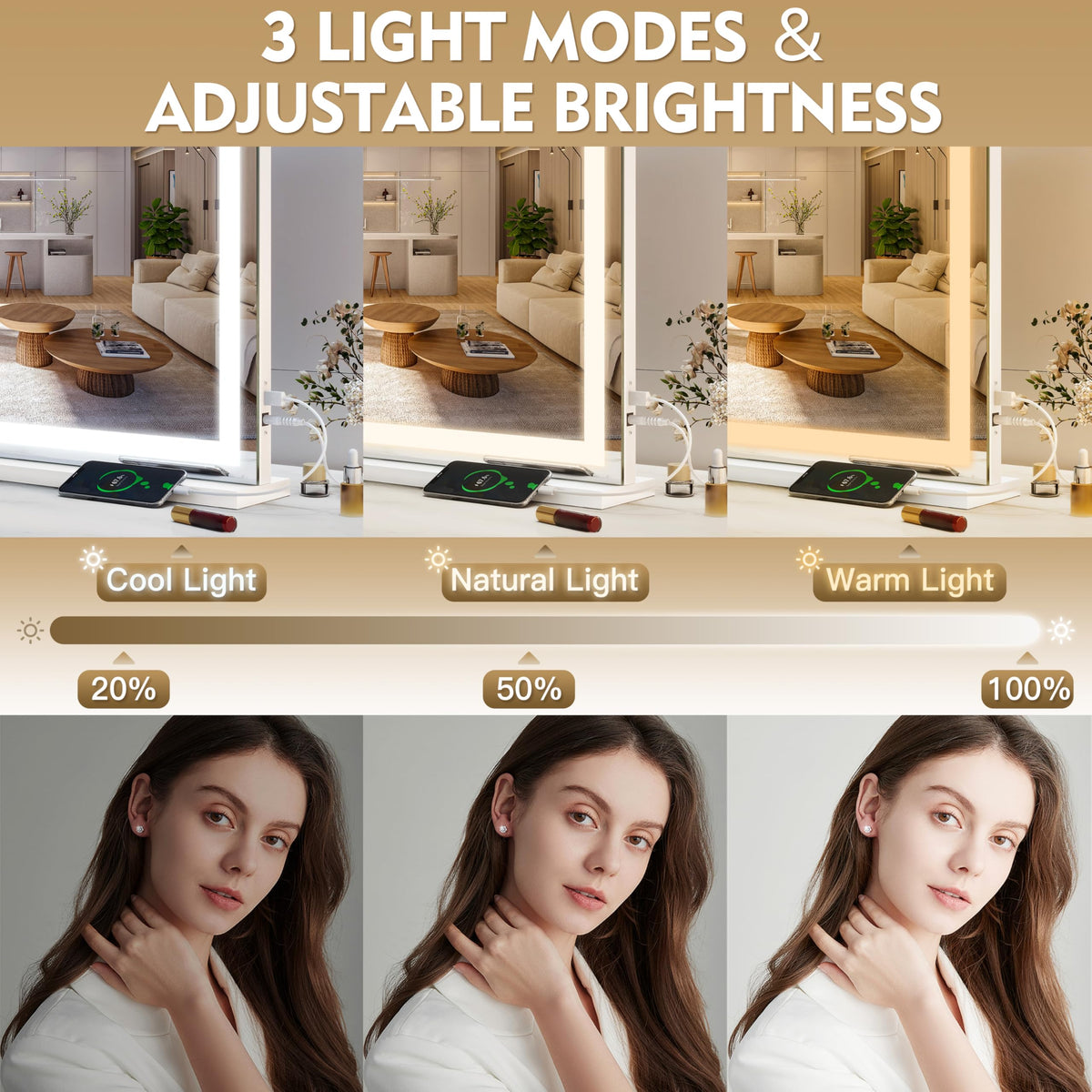 ROLOVE vanity mirror USB charging port keeps devices powered.