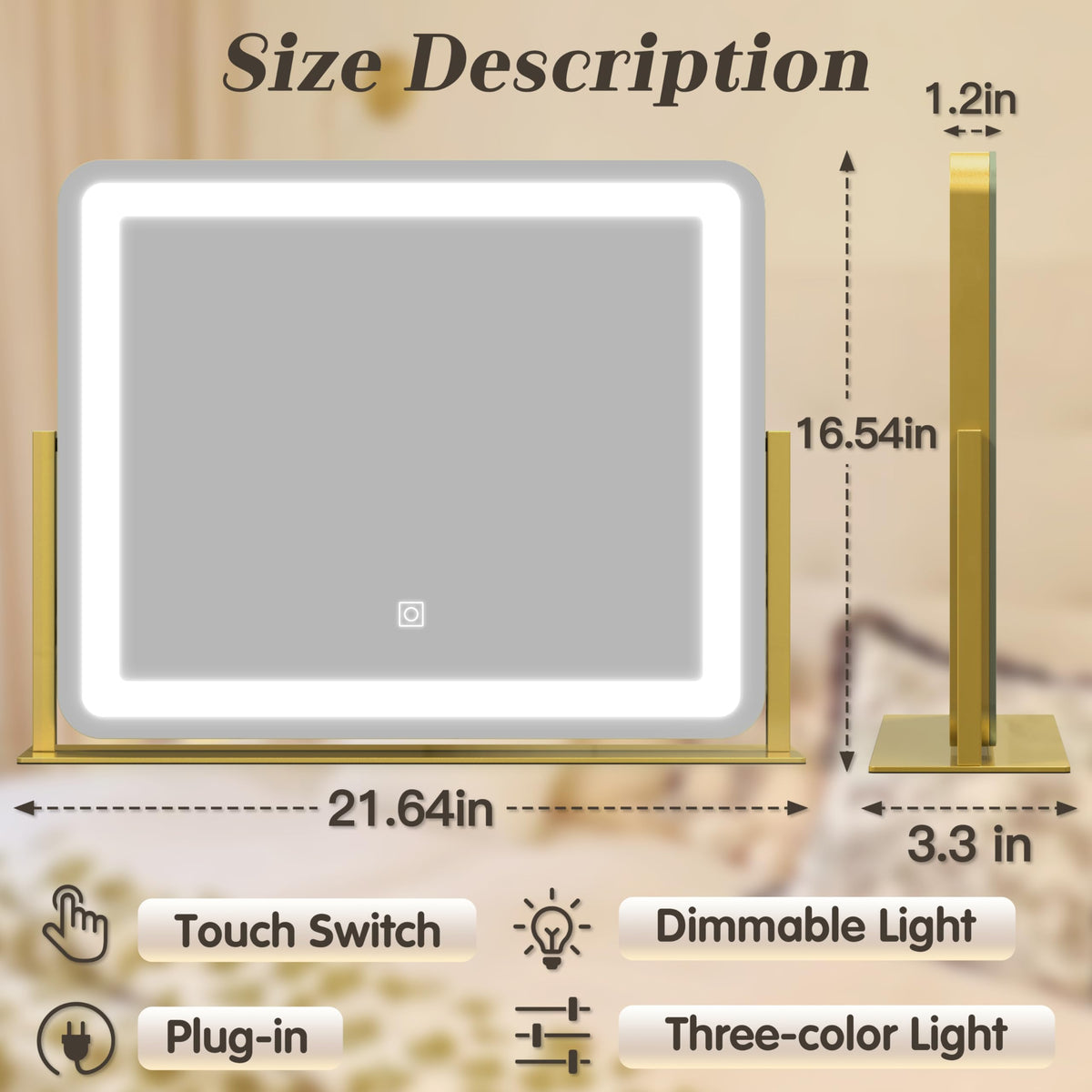 ROLOVE vanity mirror with 3-color lighting: warm, daylight, cool