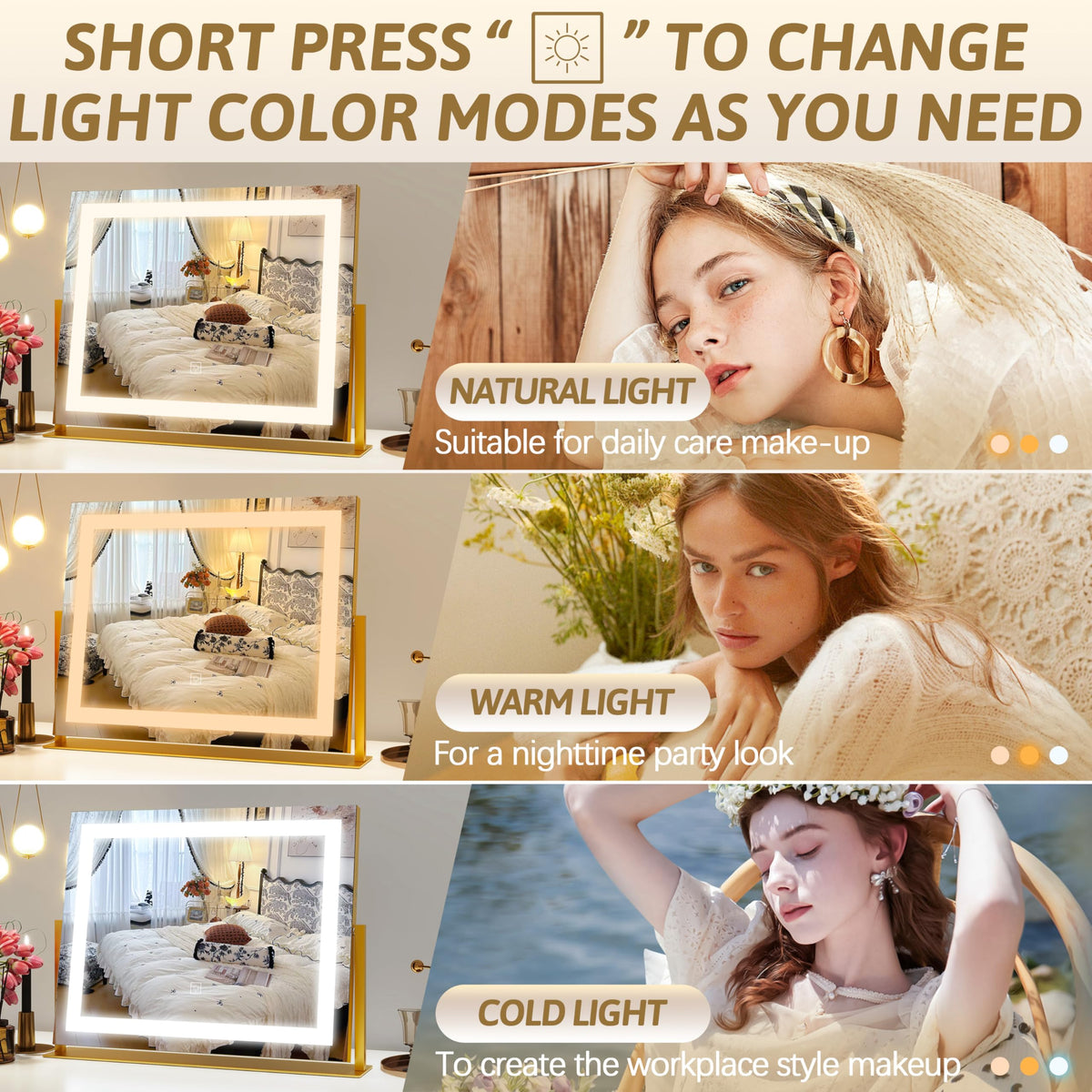 ROLOVE vanity mirror smart dimming with warm, day, and cool lighting settings