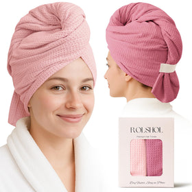ROLSHOL 2-pack microfiber towel close-up showing waffle weave for fast drying.