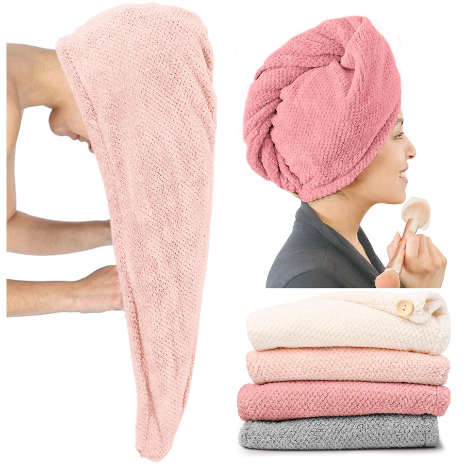ROLSHOL extra large hair towel wrap on head in coral pink for quick-dry routine