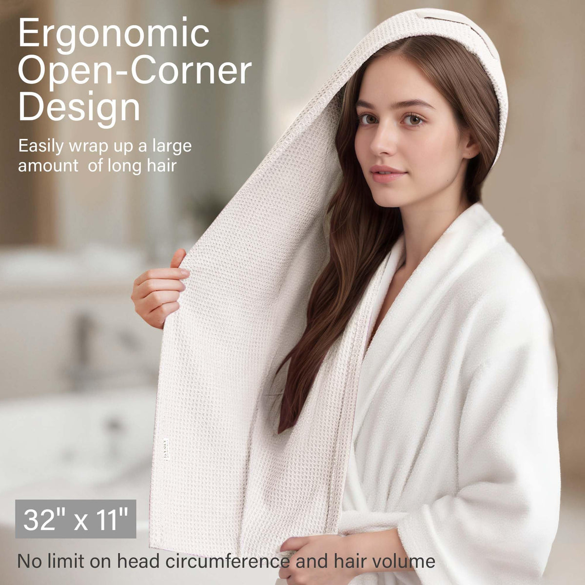 ROLSHOL hair towel wrap back view showing secure elastic loop for hands-free use.