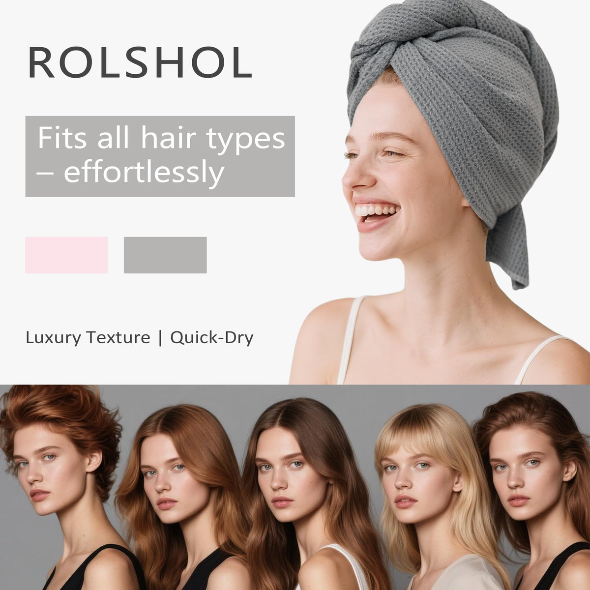 ROLSHOL hair towel wrap folded to reveal two-color pack in white and grey.