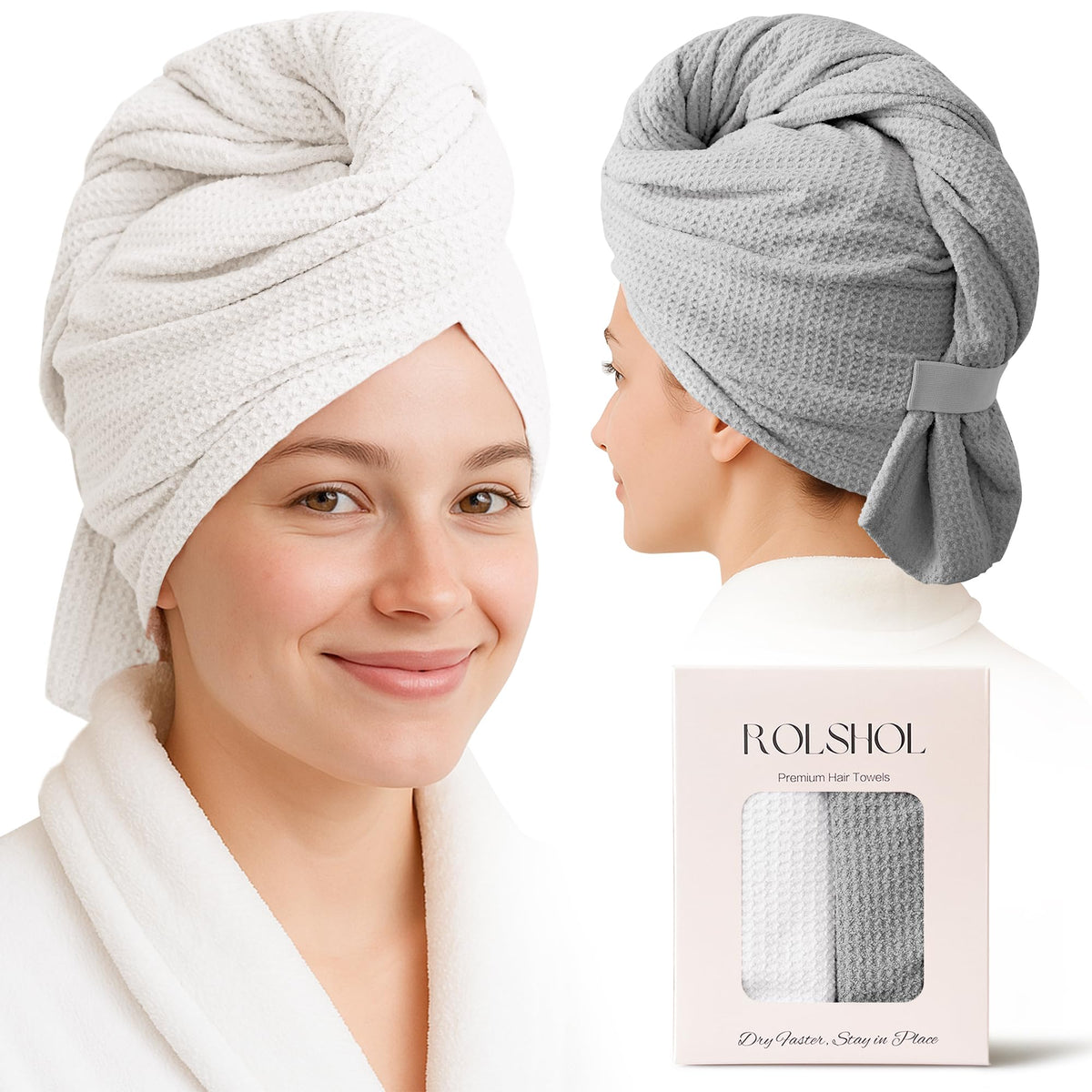 ROLSHOL hair towel wrap front view in white-grey, large size for thick curls.