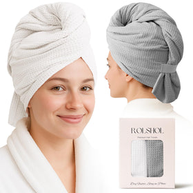 ROLSHOL hair towel wrap front view in white-grey, large size for thick curls.