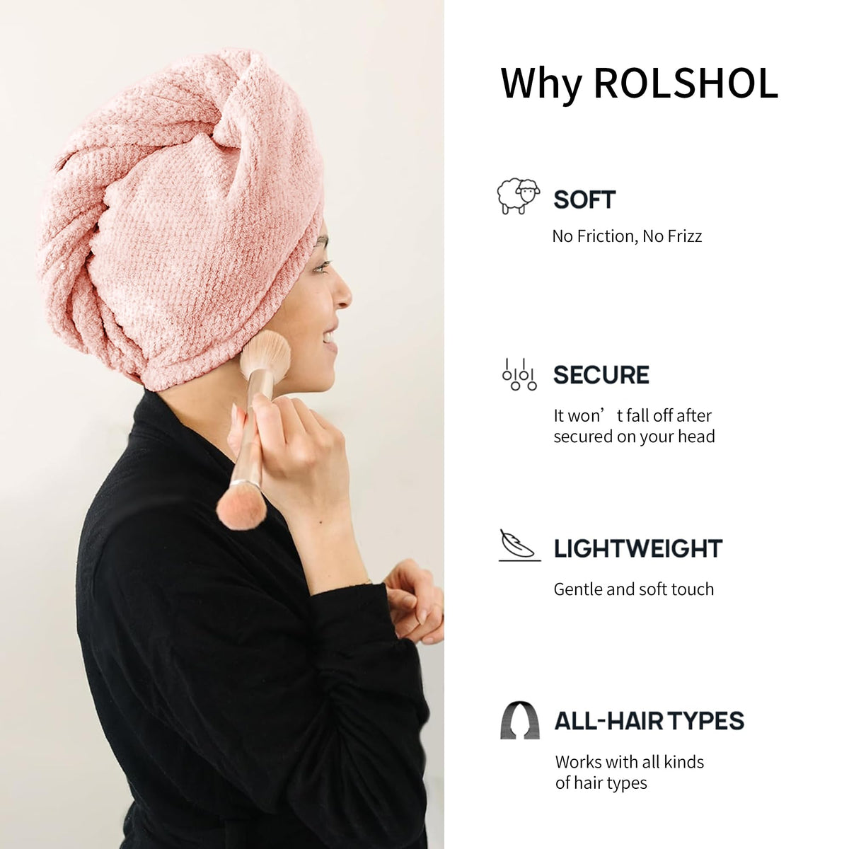 ROLSHOL microfiber towel close-up shows ultra-soft fabric gentle on hair