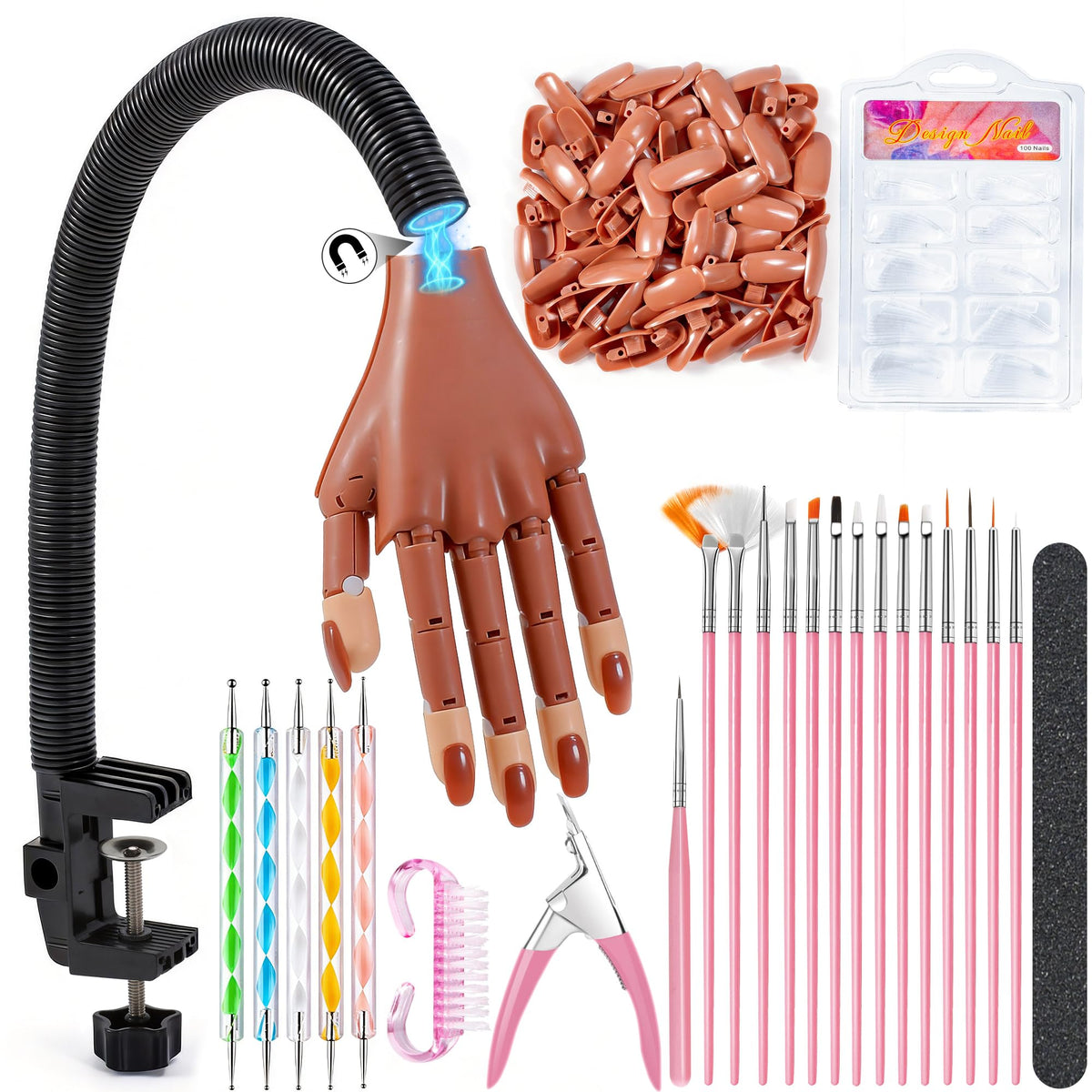 Rolybag practice hand with magnetic palm enables quick curing under UV lamp.