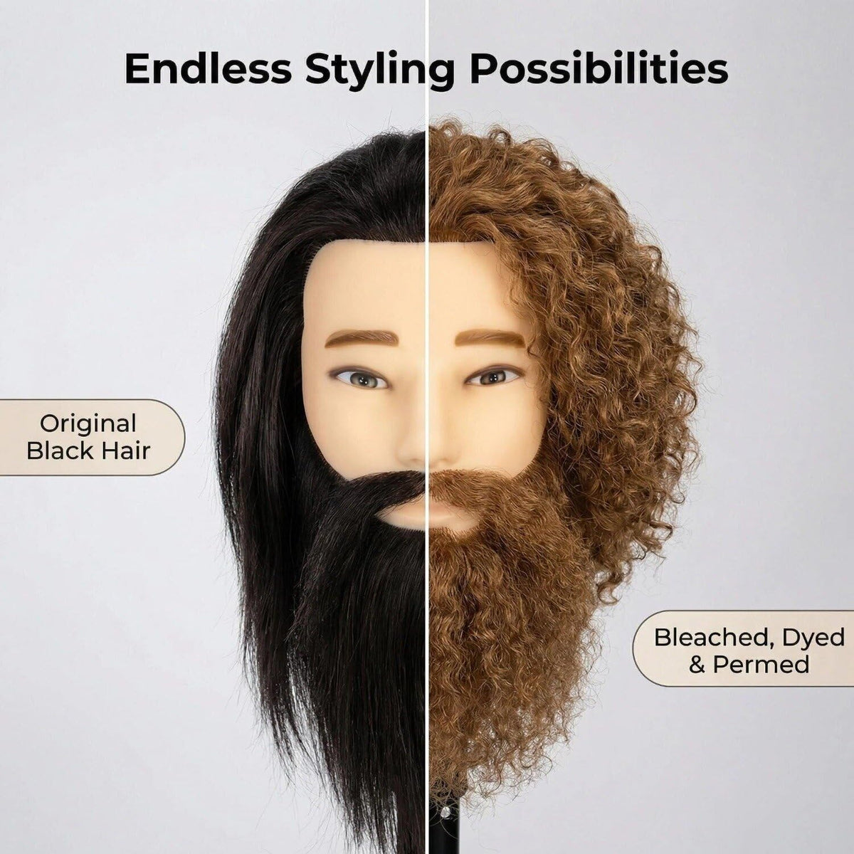 Romance Queen 6-inch beard on mannequin head enables authentic grooming practice.