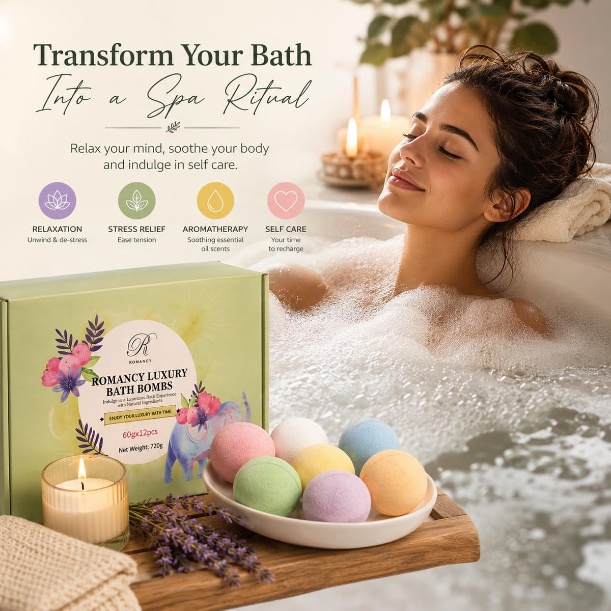 Romancy colorful bath bombs create fizzy color and mood-relaxing atmosphere.