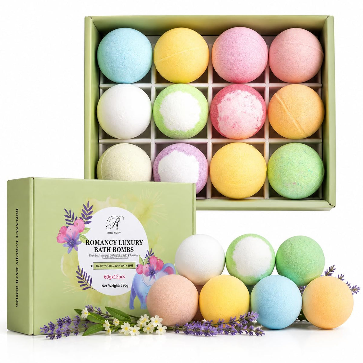 Romancy bath bombs gift set in colorful packaging for at-home spa moments.