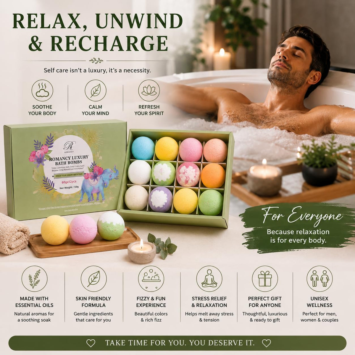 Romancy post-workout bath bomb to help unwind and recover.